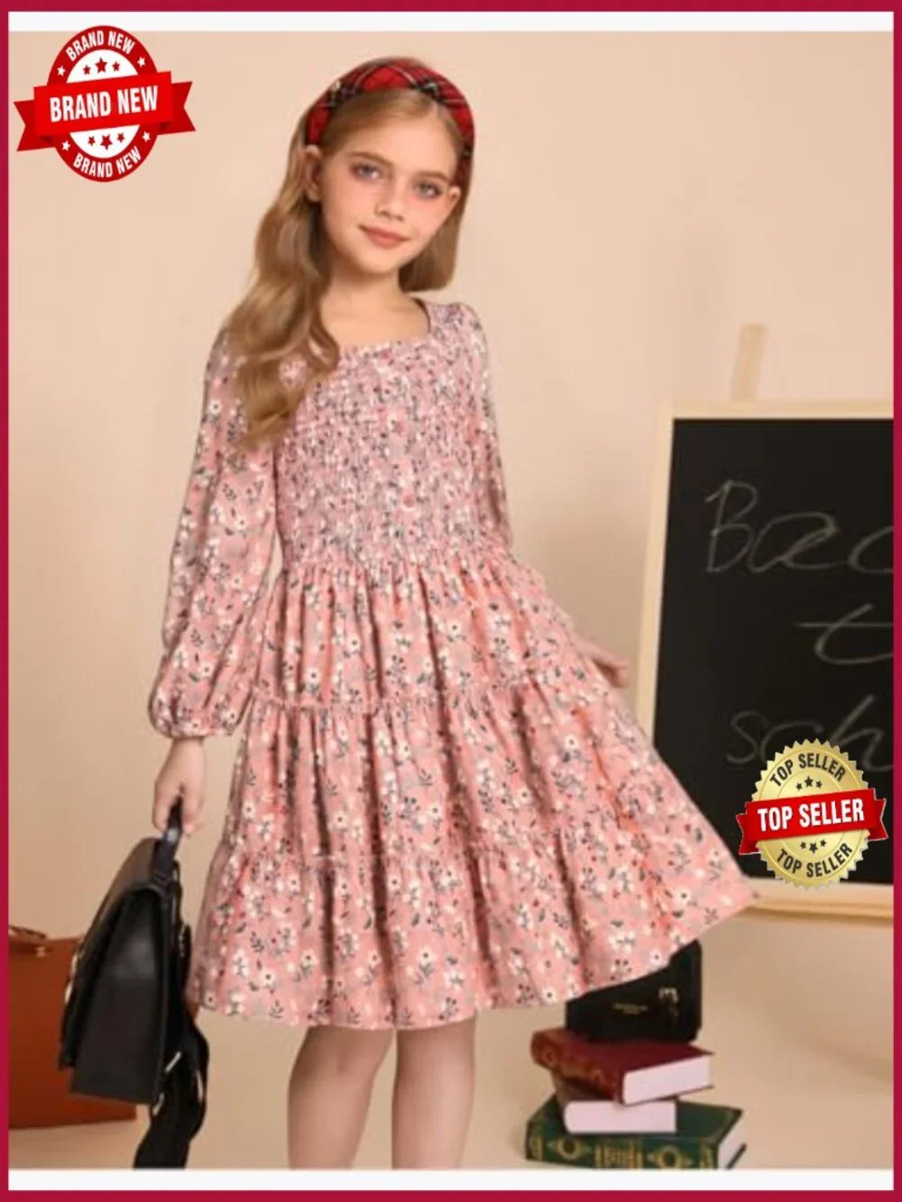 Girls Long Sleeve Square Neck Smocked Tiered A-Line Casual Dress Size 5-14 Fall